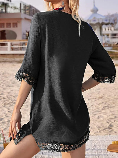 Lace Trim V-Neck Cover-Up - Black