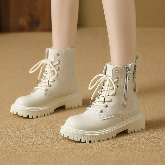 Lace-Up Ankle Combat Boots - Beige