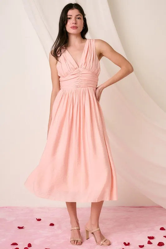 Ruched V-Neck Sleeveless Midi Dress -