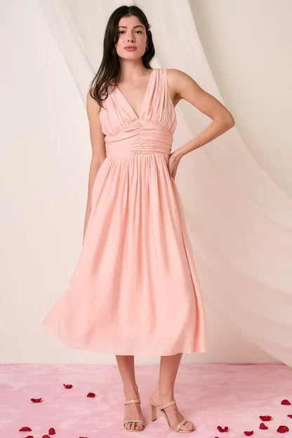 Ruched V-Neck Sleeveless Midi Dress -