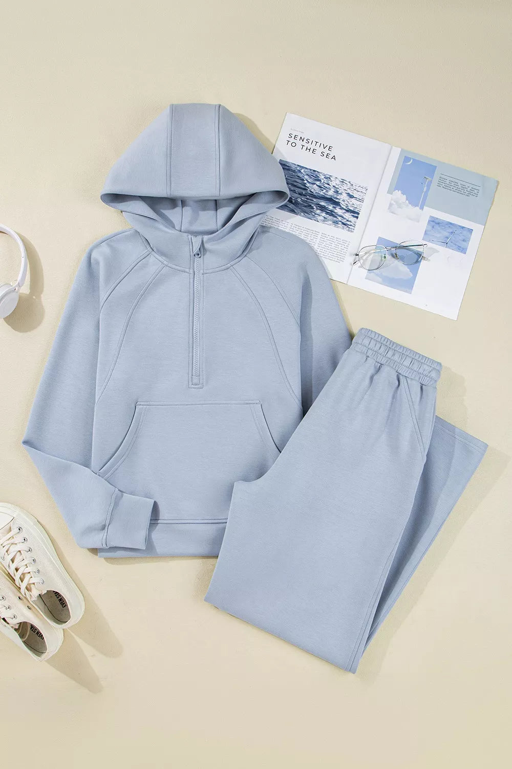 Half Zip Thumbhole Sleeve Hoodie and Pants Set -
