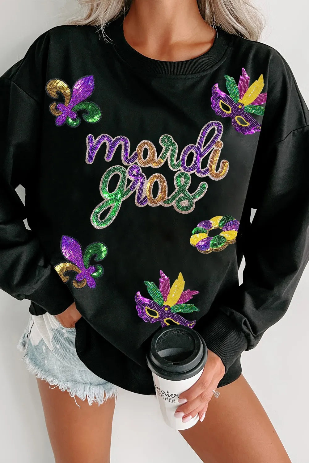 MARDI GRAS Sequin Round Neck Sweatshirt - Black