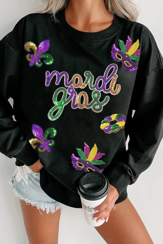 MARDI GRAS Sequin Round Neck Sweatshirt - Black