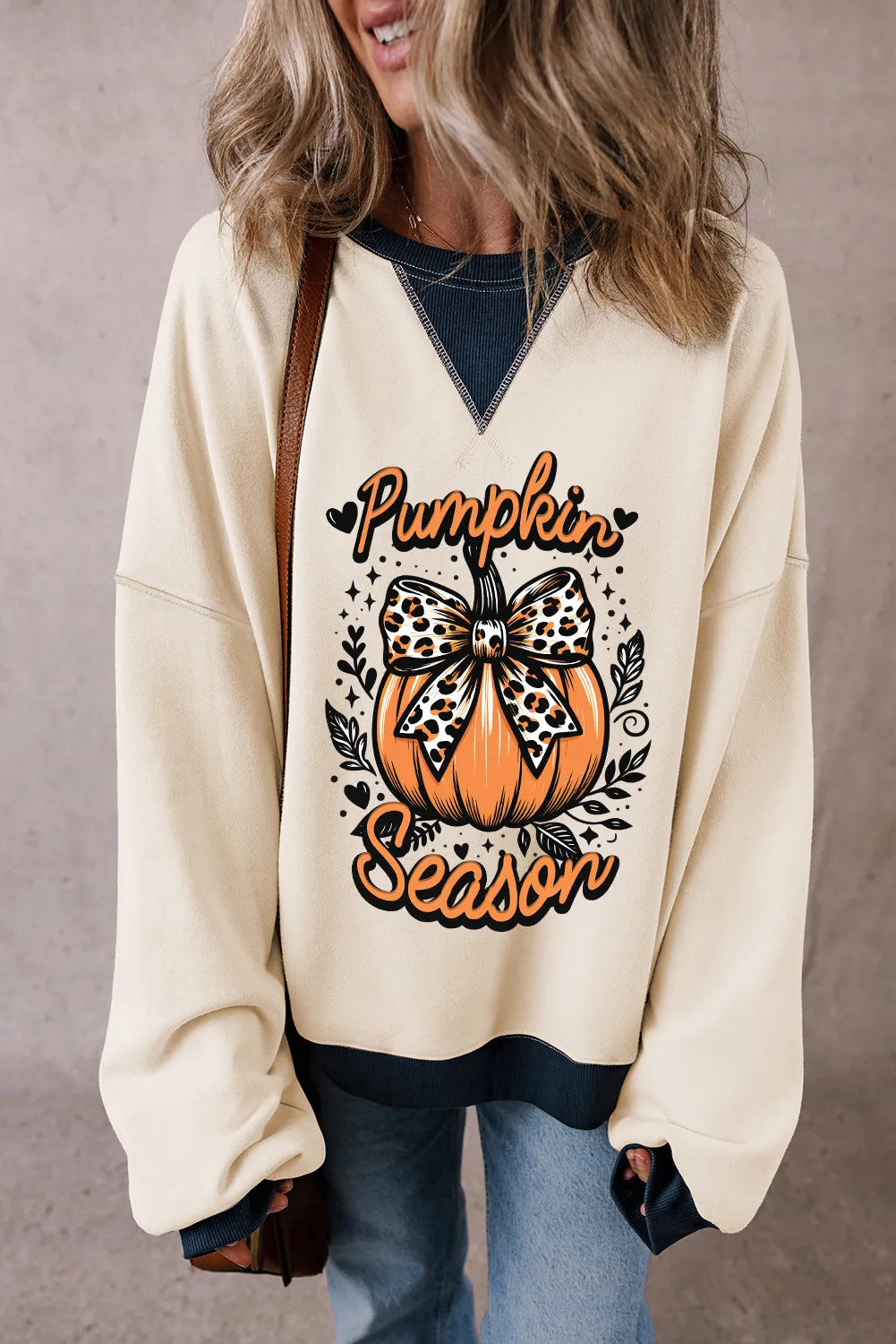 Pumpkin Graphic Long Sleeve Sweatshirt - Cream