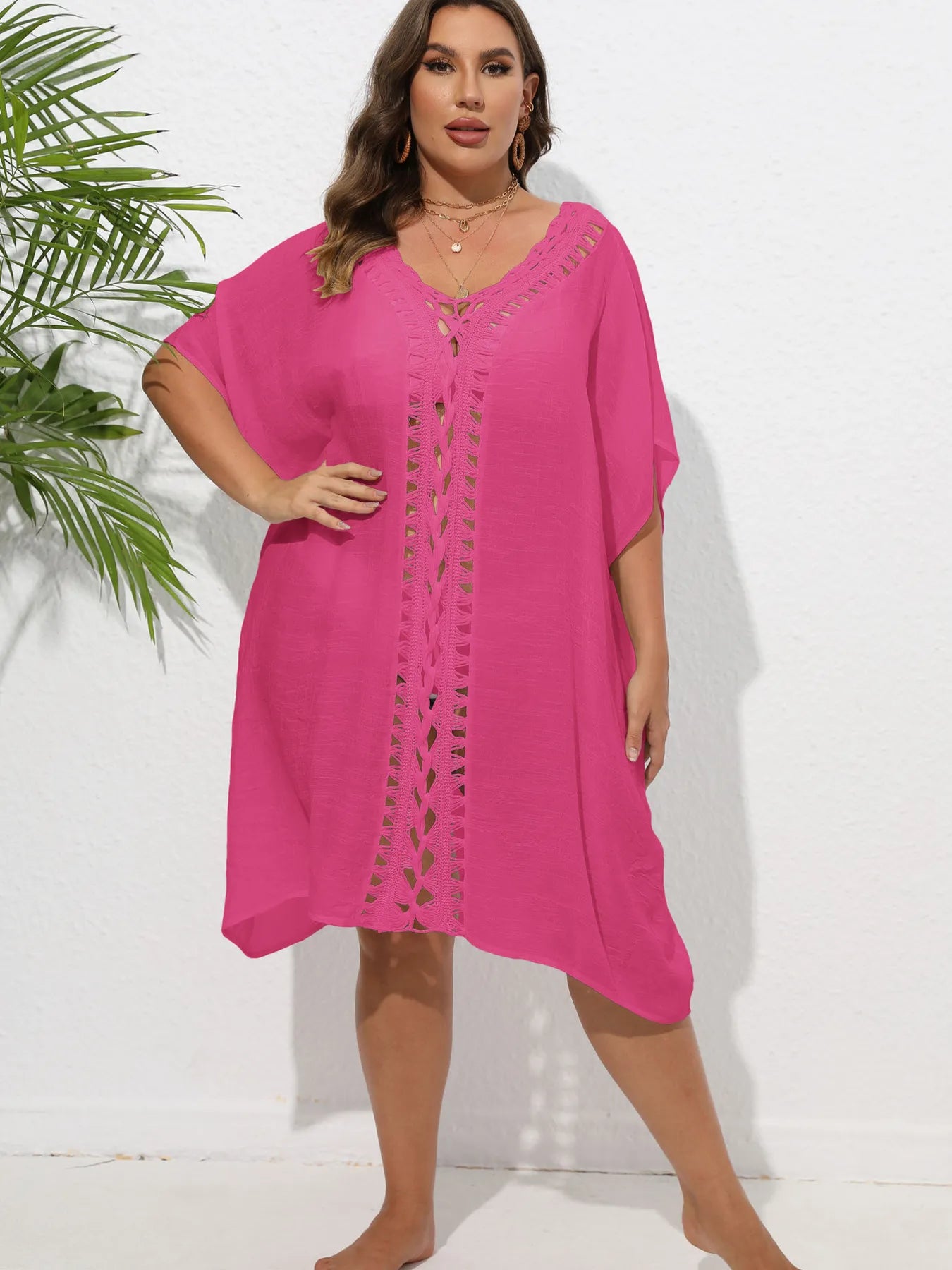 Crochet Trim V-Neck Beach Cover-Up Dress - Rose Red One Size