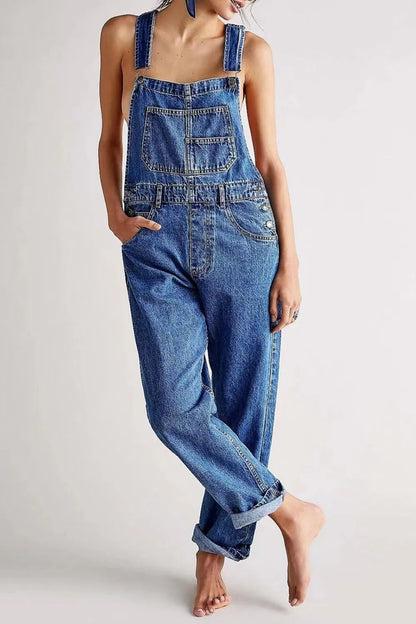 Wide Strap Square Neck Denim Overalls -