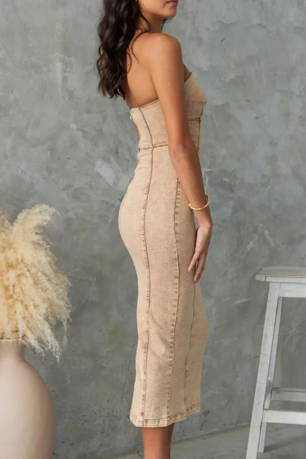 Washed Slit Back Tube Denim Dress -