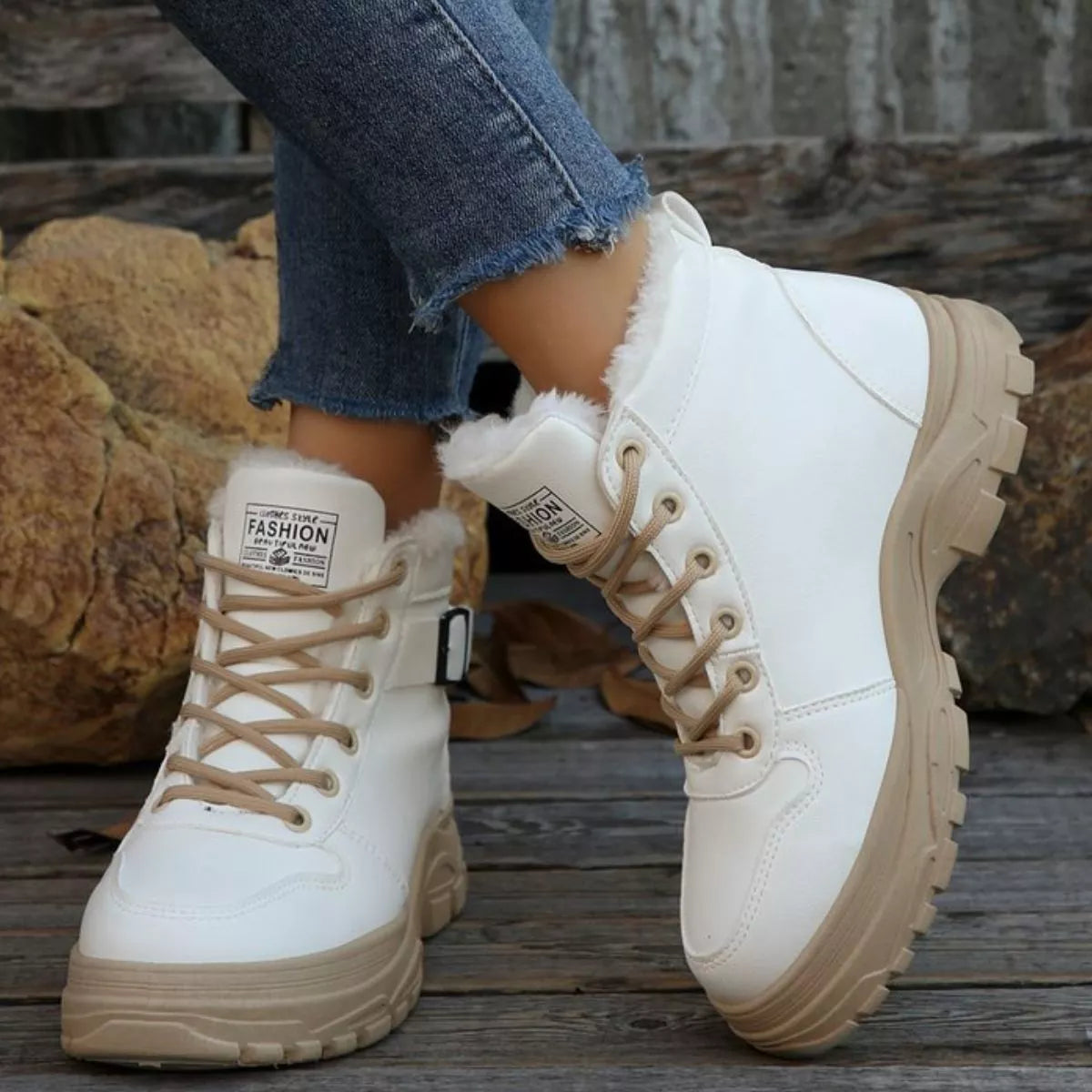 Warm Lined Ankle Boots with Buckle Detail - White