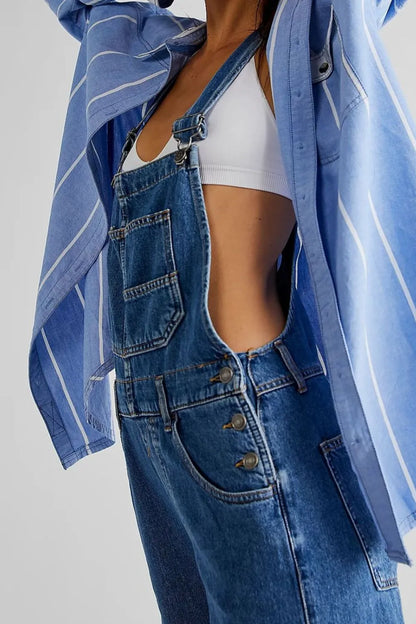 Wide Strap Square Neck Denim Overalls -