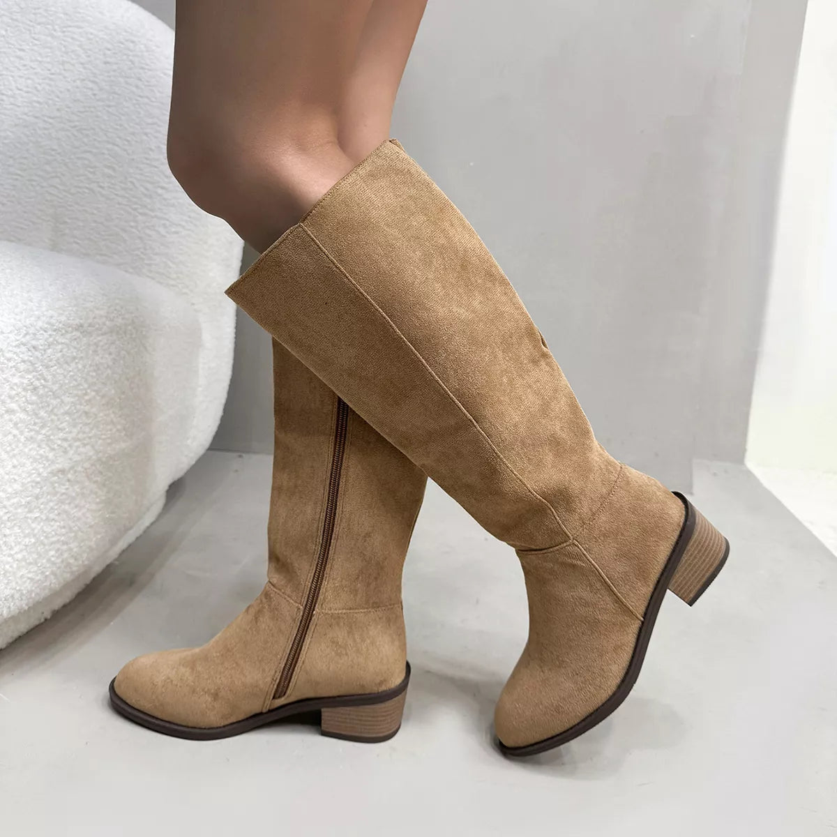 Side Zipper Closure Suede Knee-High Boots - Khaki