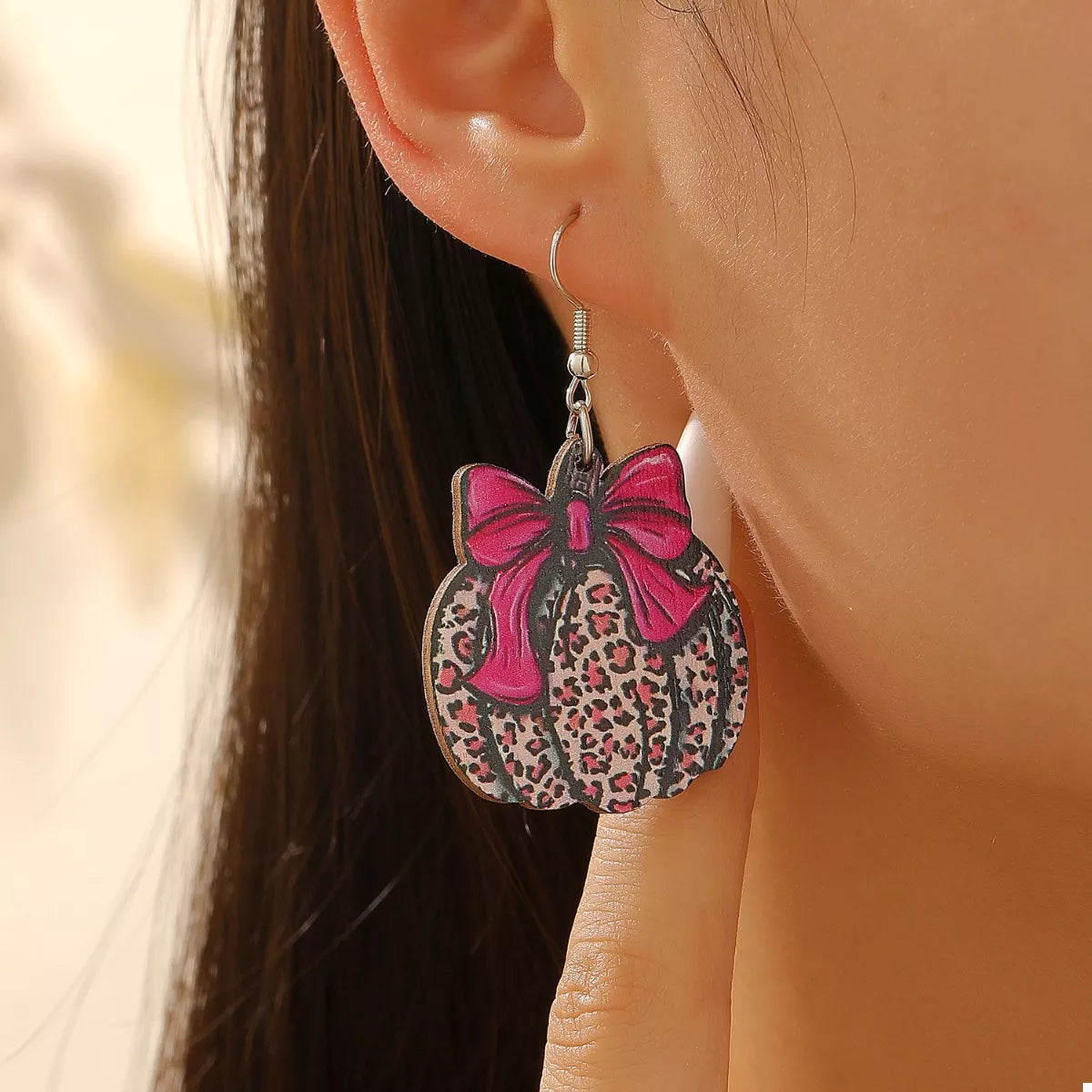 Pumpkin Leopard Print Bow Earrings -