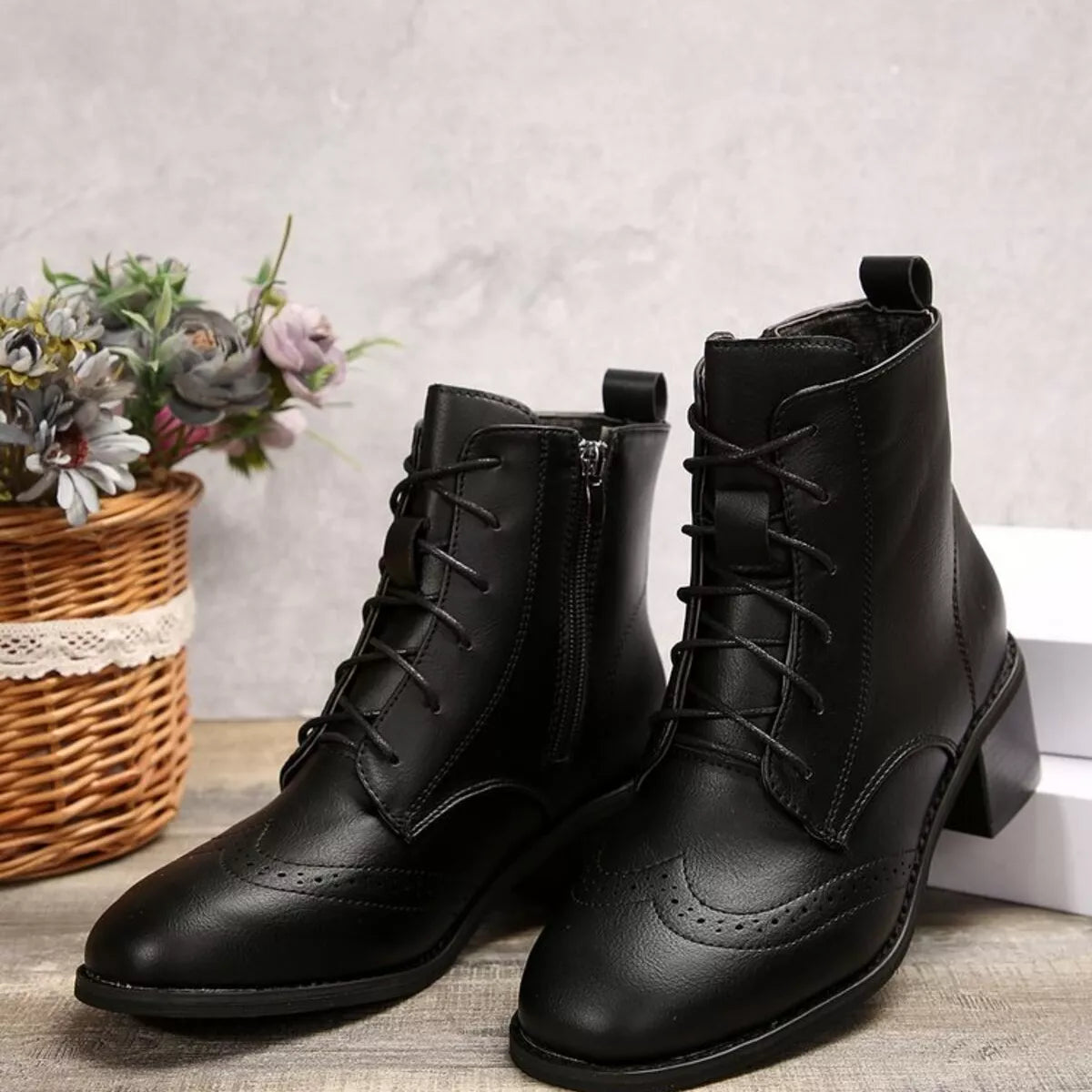 Lace-Up Ankle Boots with Zipper - Black