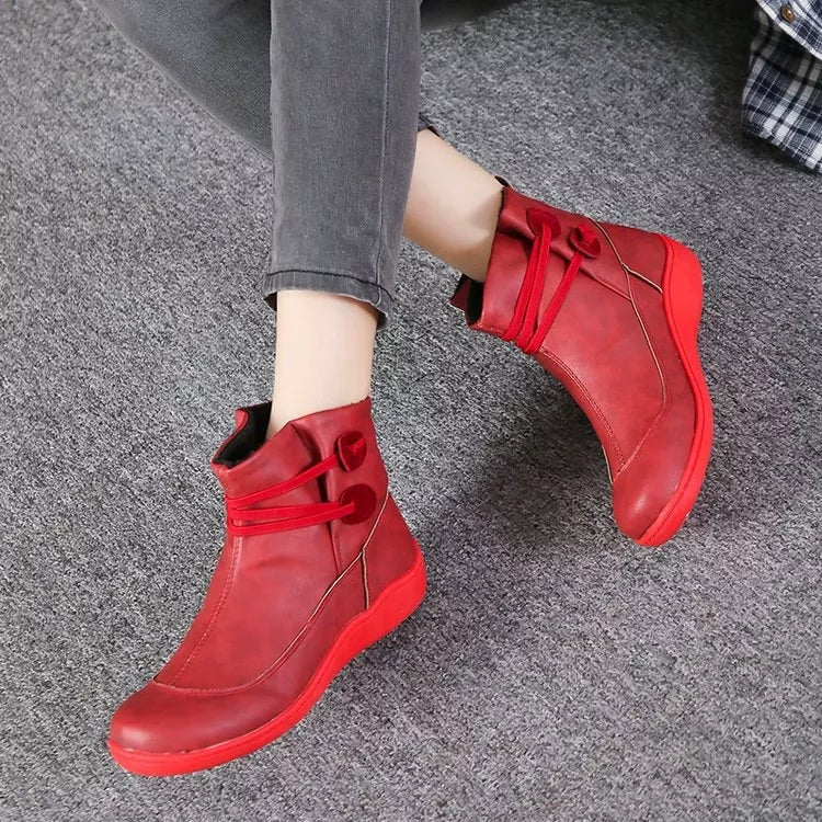 Button Detail Ankle Boots - Scarlet