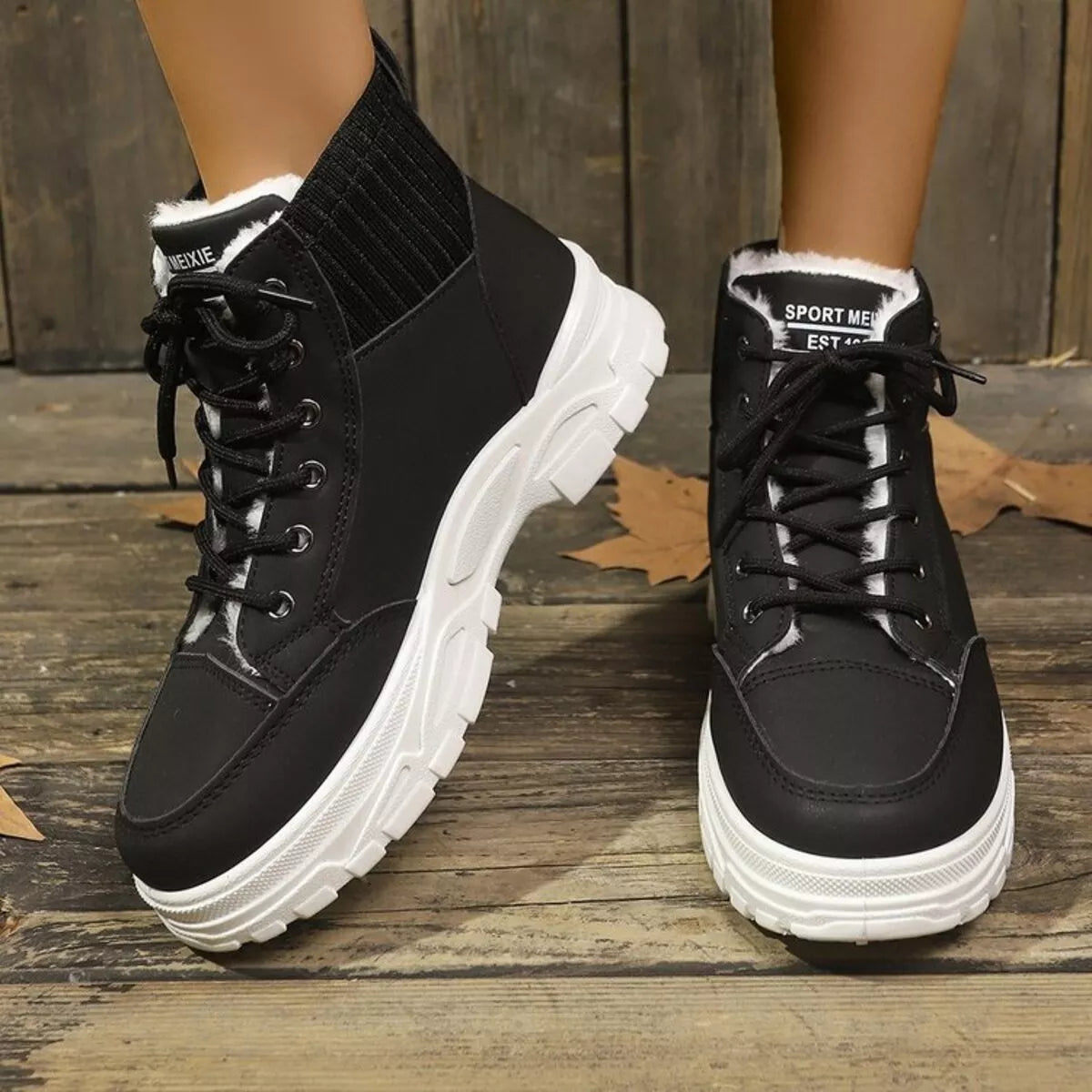 Plush Lining Lace Up Boots - Black