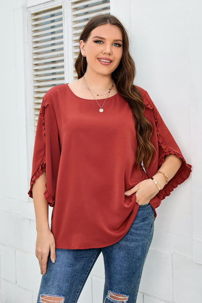 Plus Size Round Neck Frill Trim Blouse -