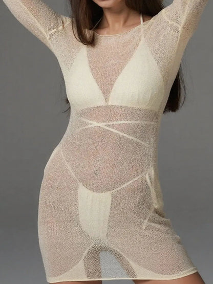 Sheer Backless Long Sleeve Mini Cover-Up Dress -
