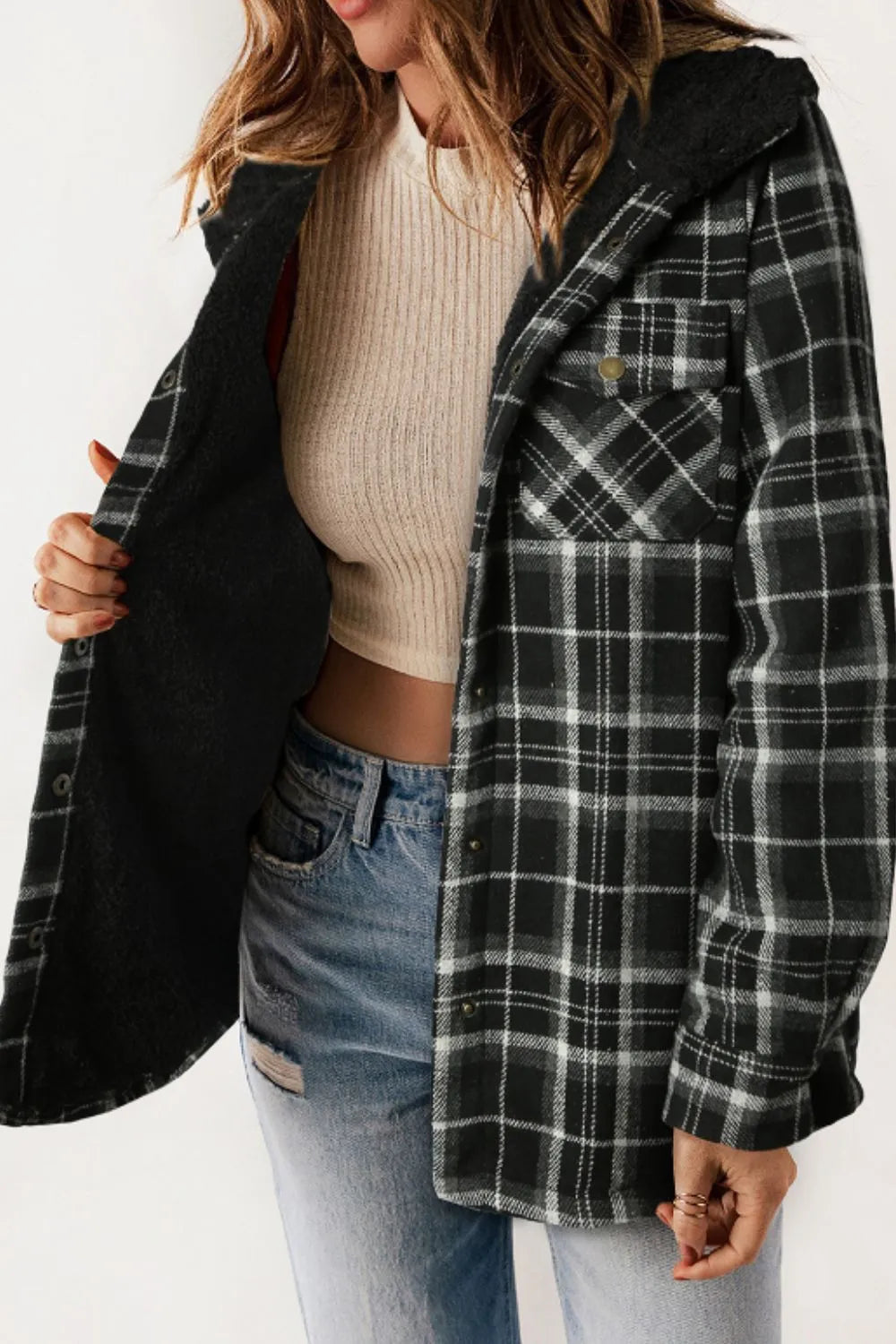 Plaid Button Up Long Sleeve Hooded Jacket -