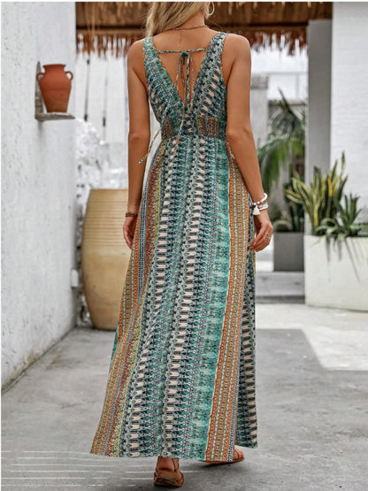 Tied Back Printed Sleeveless Maxi Slit Dress -