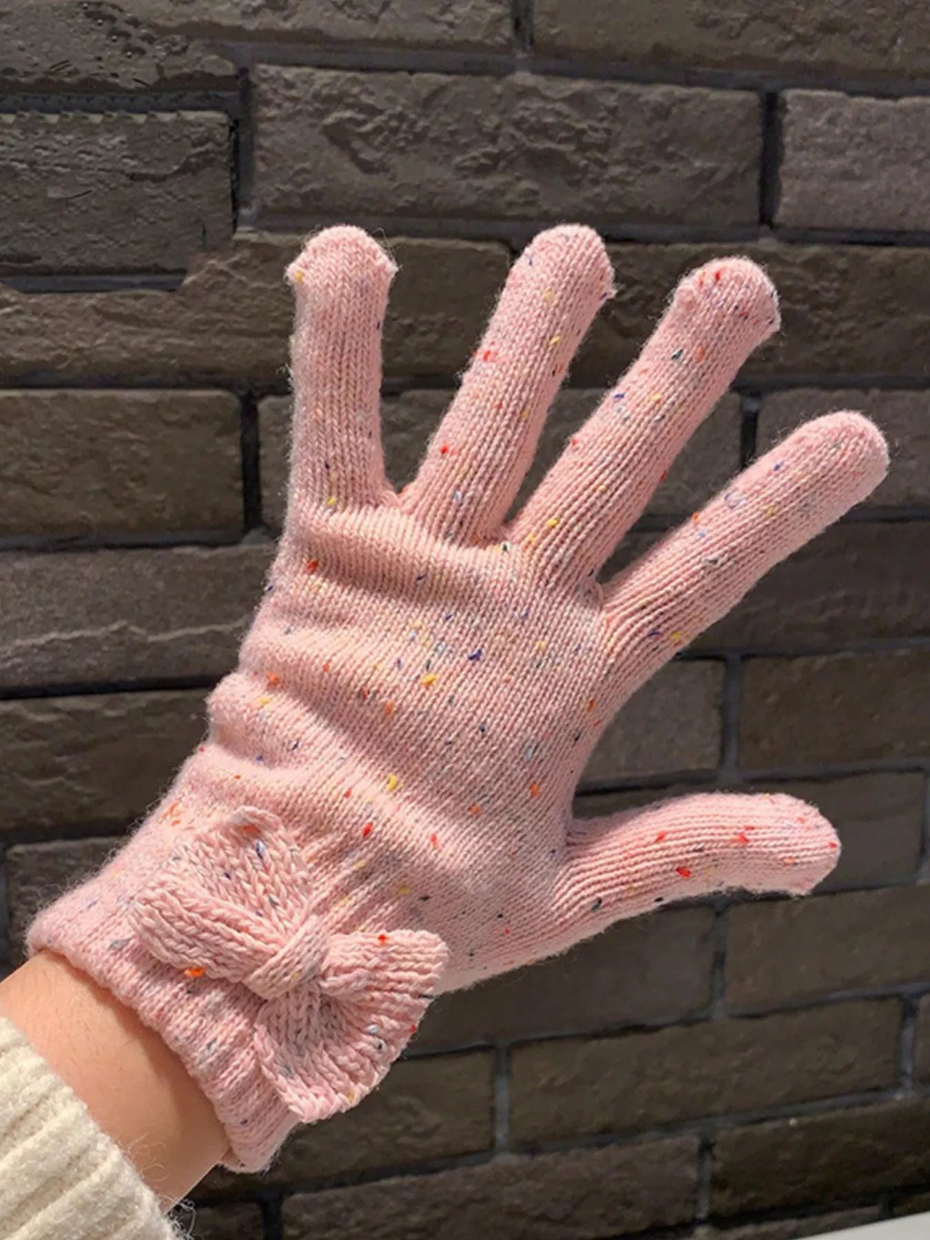 Knitted Bow Accent Gloves - Pink One Size