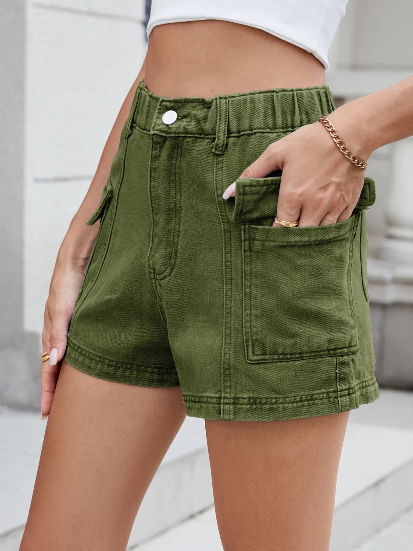 High Waist Cargo Denim Shorts - Army Green