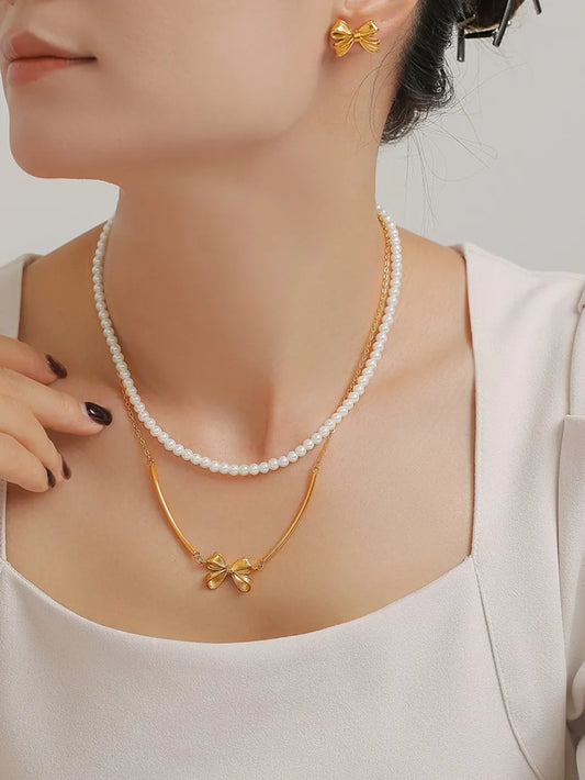 Pearl Necklace, Bow Necklace and Stud Earrings Jewelry Set - Gold One Size