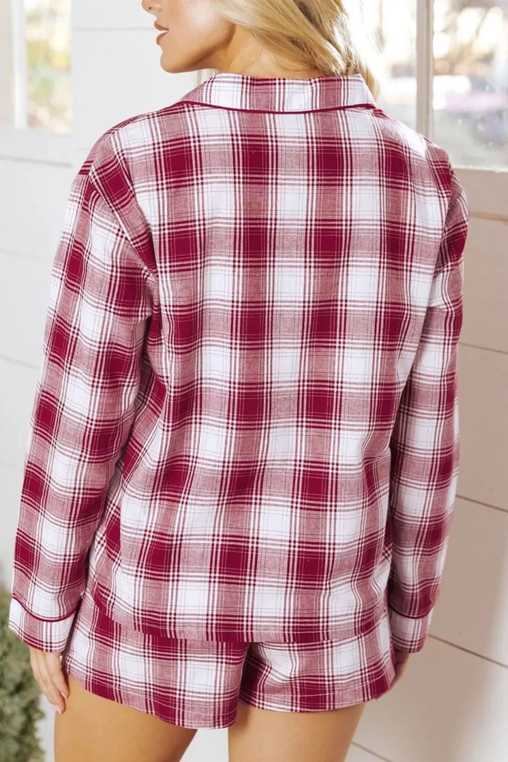 Plaid Long Sleeve Shirt and Drawstring Shorts Lounge Set -