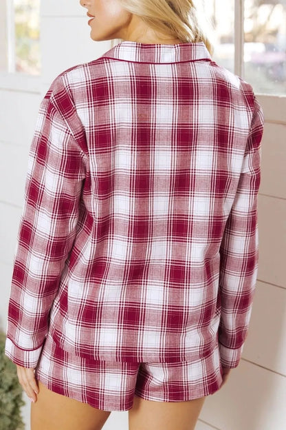 Plaid Long Sleeve Shirt and Drawstring Shorts Lounge Set -