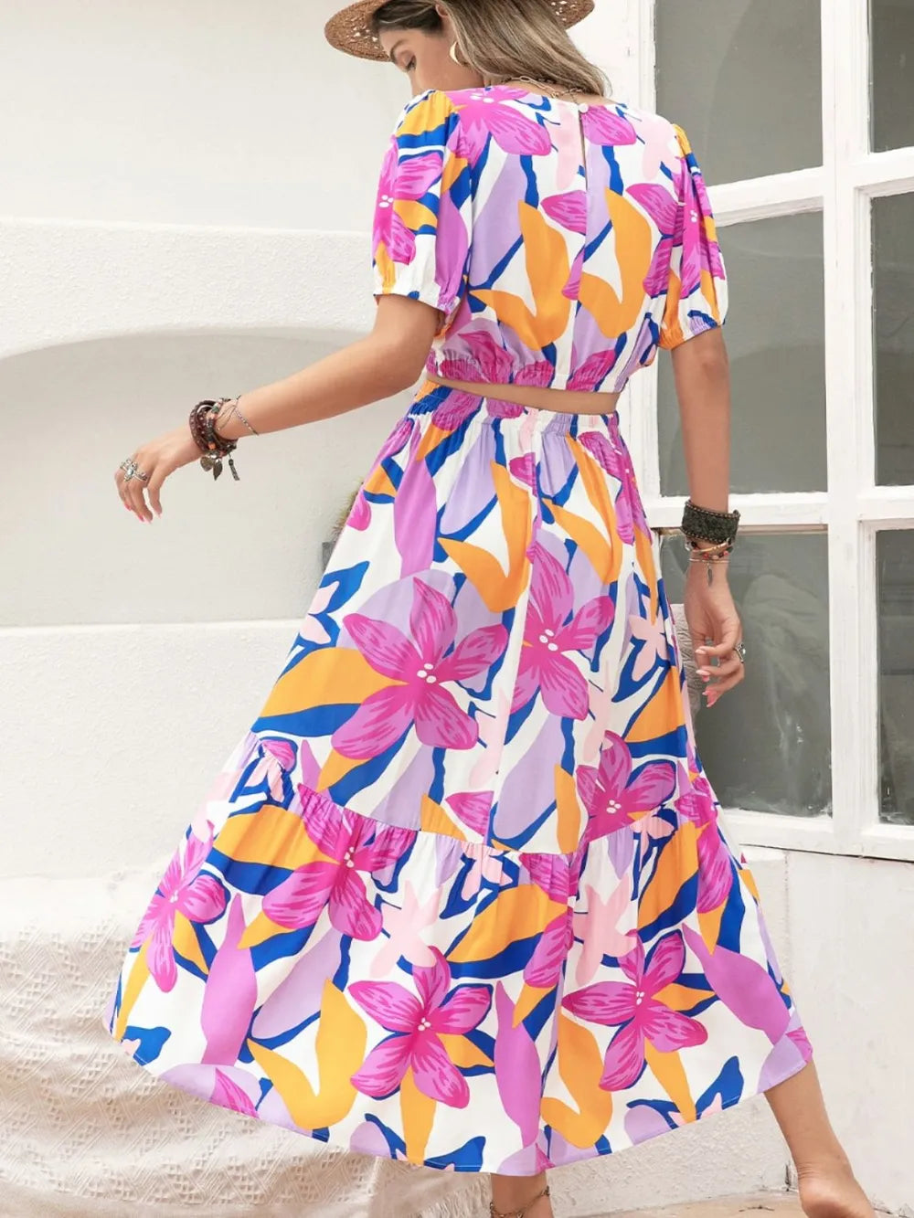 Printed Round Neck Top and Skirt Set -