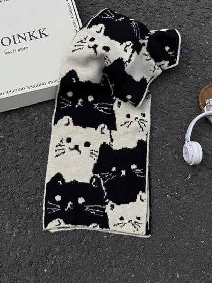 Cute Cat Pattern Knitted Scarf - Black One Size