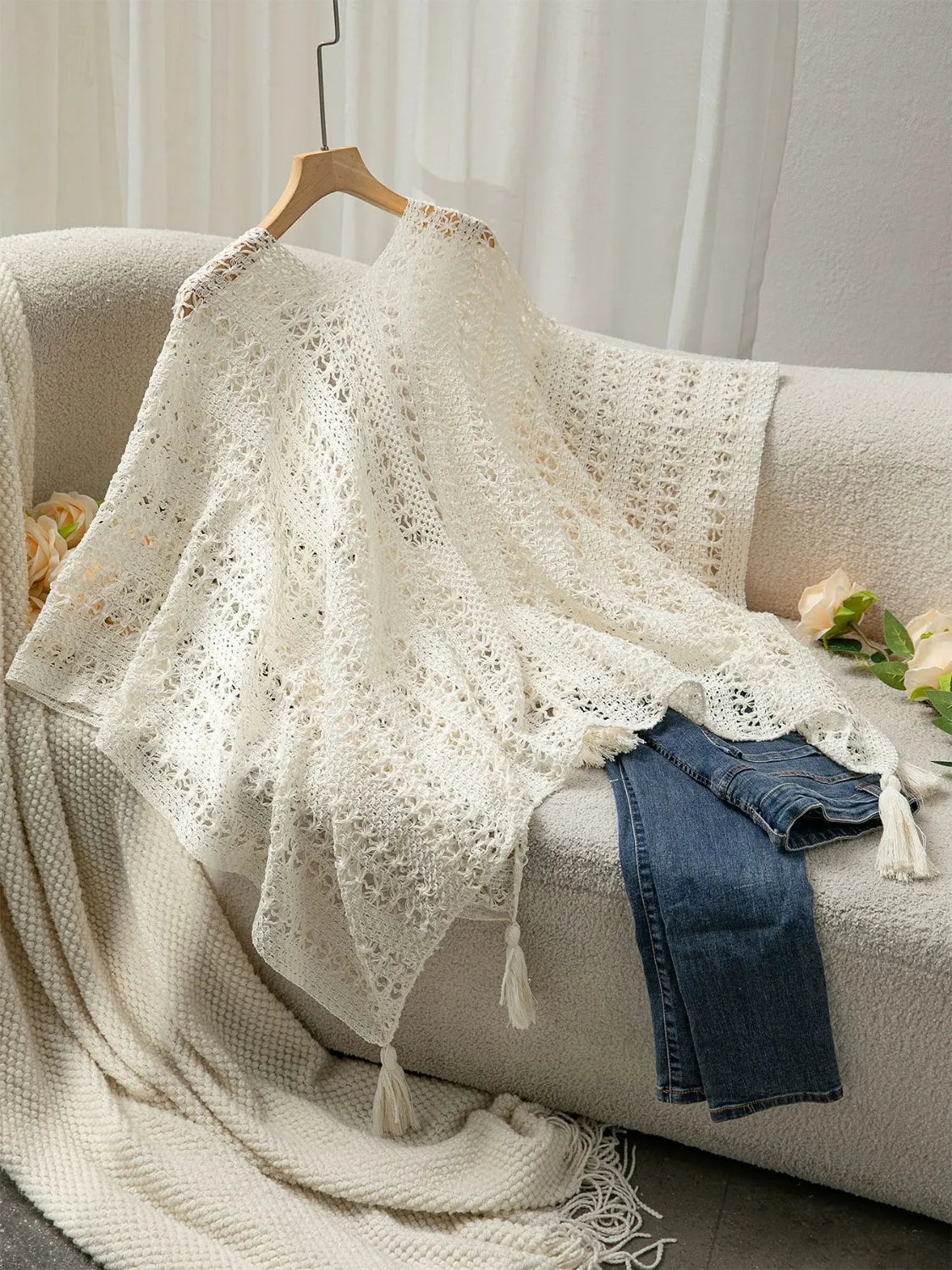 Openwork Tassel Open Front Knit Cover-Up - Cream One Size