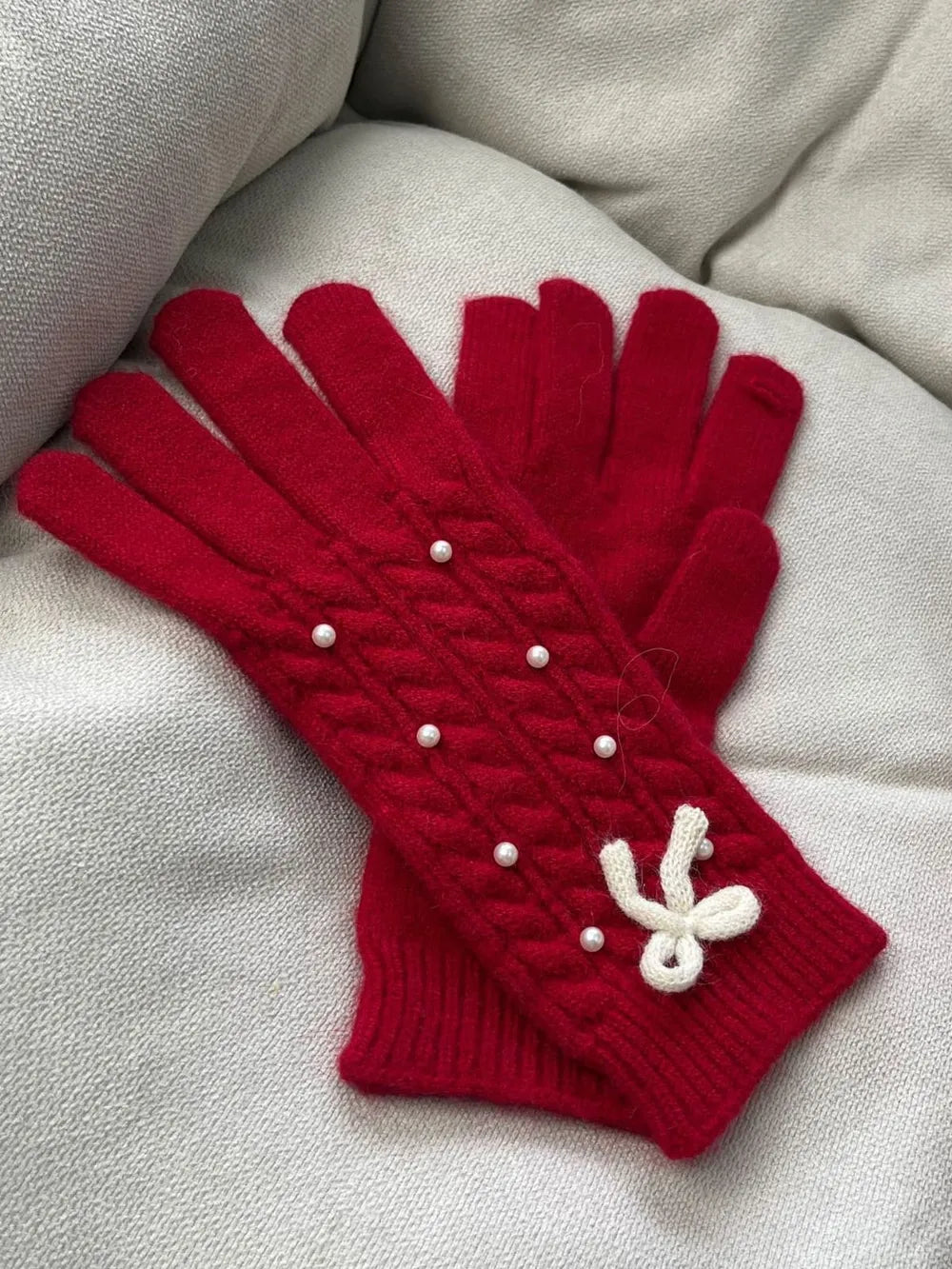 Thermal Pearl Detail Bow Five-Finger Gloves - Deep Red One Size