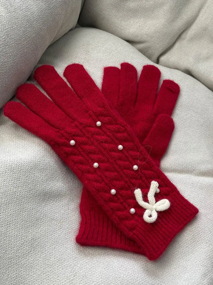 Thermal Pearl Detail Bow Five-Finger Gloves - Deep Red One Size