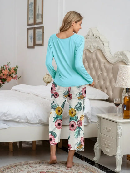 Round Neck Top and Printed Pants Lounge Set -