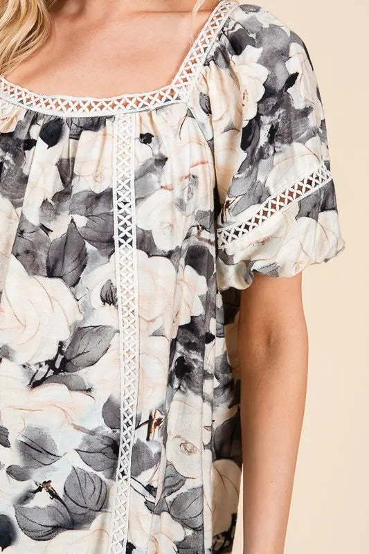 Floral Print Lace Trim Puff Sleeve Blouse -