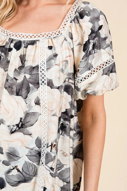 Floral Print Lace Trim Puff Sleeve Blouse -