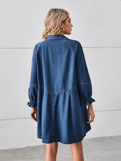 Button Up Flounce Sleeve Mini Denim Dress - Peacock Blue