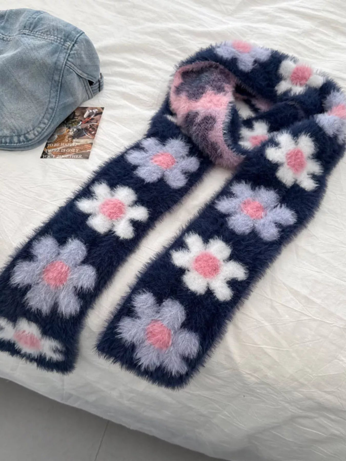 Floral Fuzzy Knit Scarf -