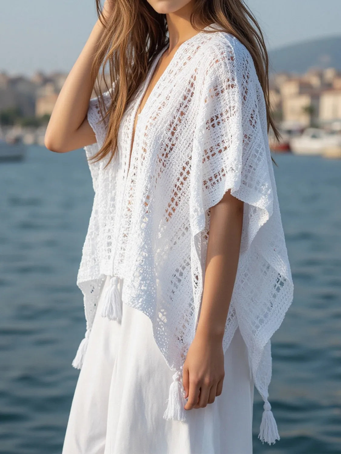 Openwork Tassel Open Front Knit Cover-Up - White One Size