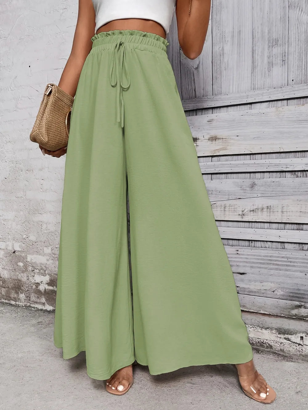 Tied High Waist Wide Leg Pants - Light Green