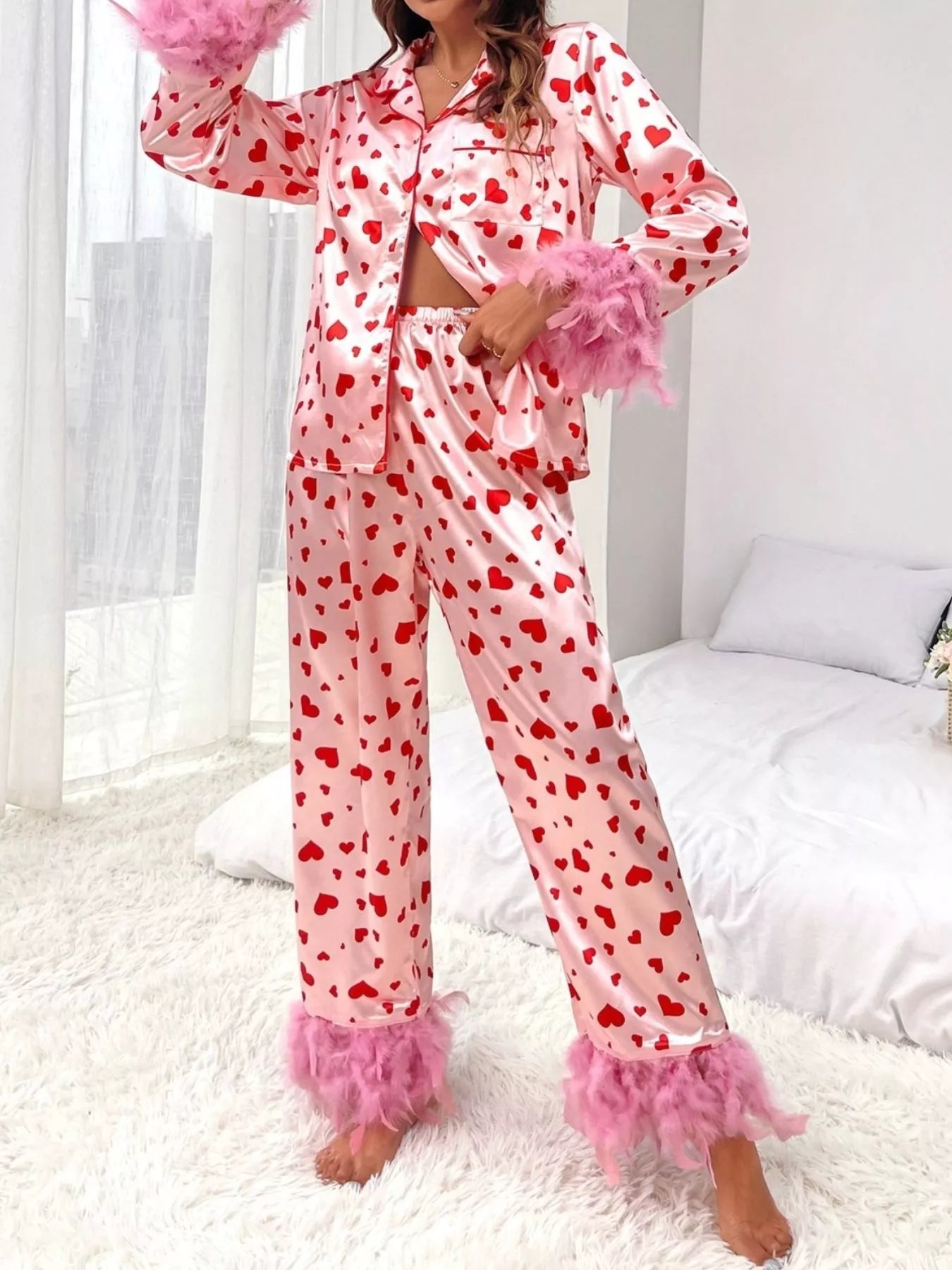 Heart Print Button Up Top and Pants Lounge Set -