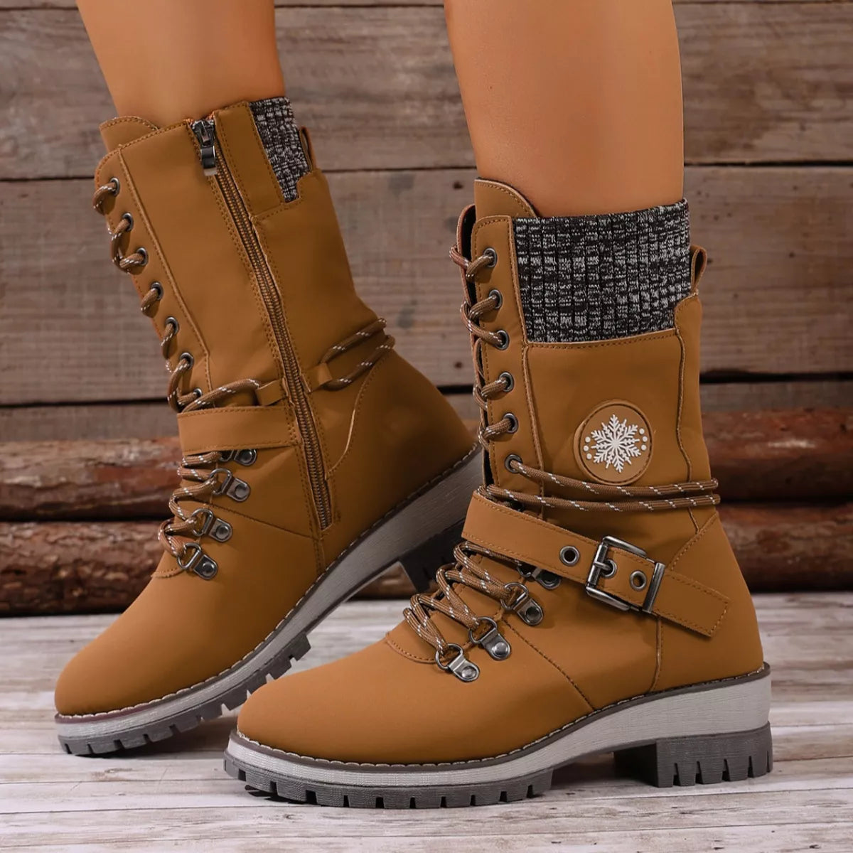 Lace-Up Ankle Combat Boots - Light Brown
