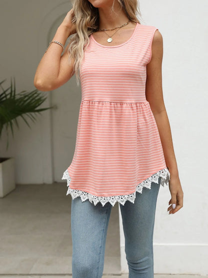 Lace Trim Sleeveless Babydoll Tank Top - Pink