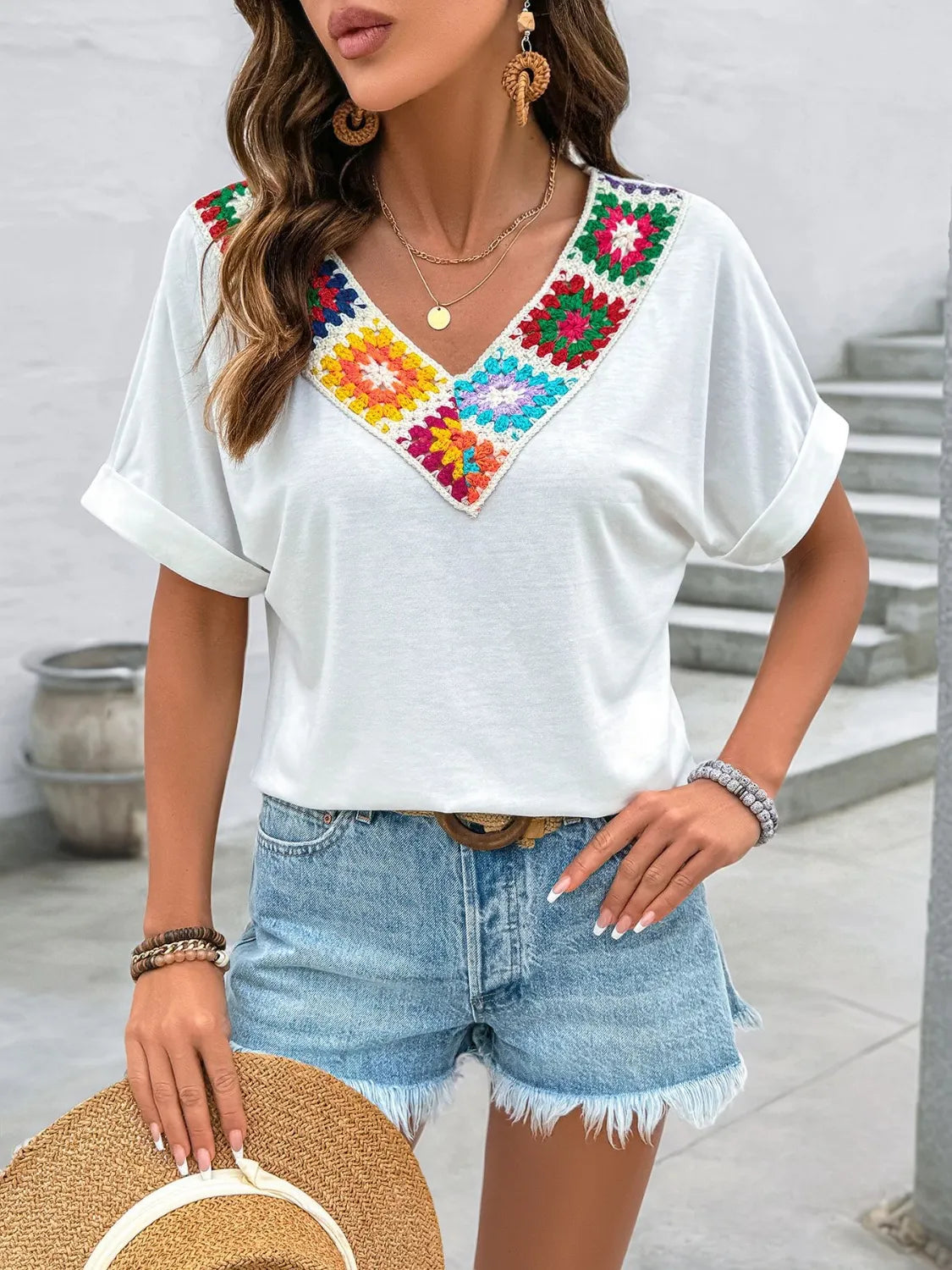Contrast V-Neck Short Sleeve Top - White