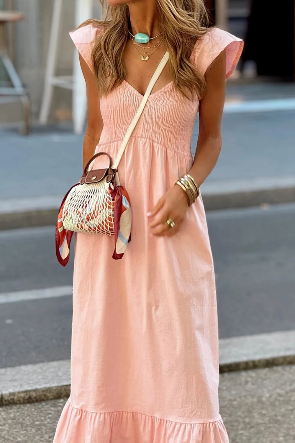V-Neck Cap Sleeve Smocked Maxi Dress -
