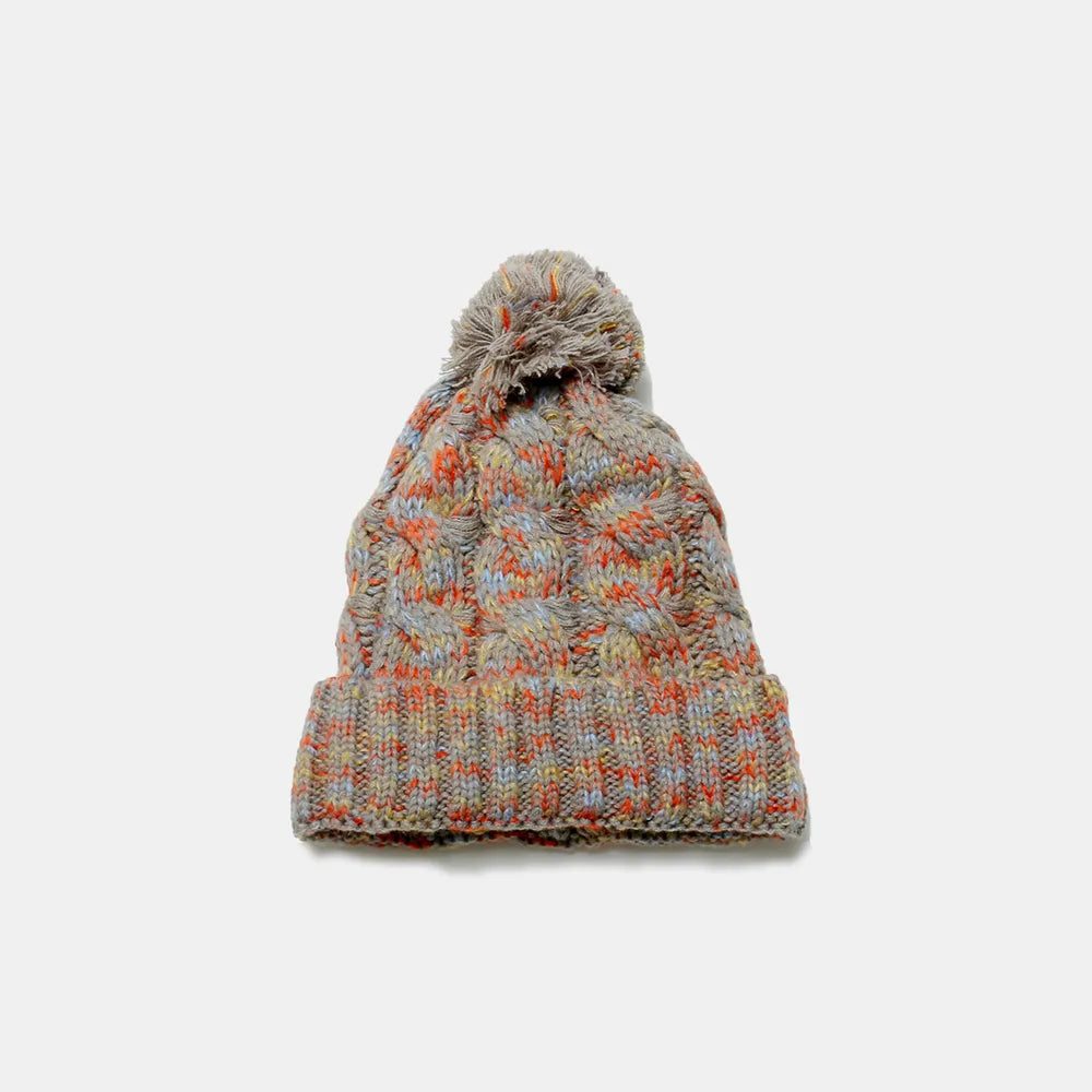 Contrast Cable-Knit Hat with Pompom - Taupe One Size