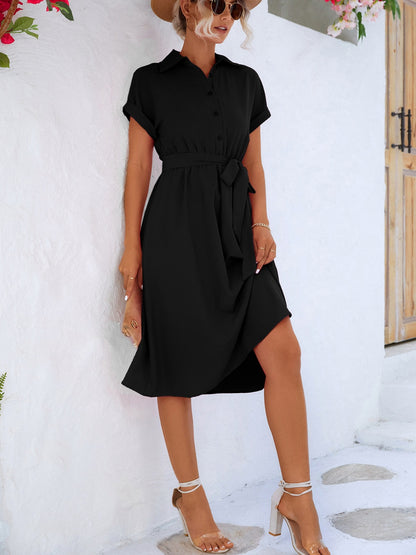 Buttoned Tie Waist Dress - Black