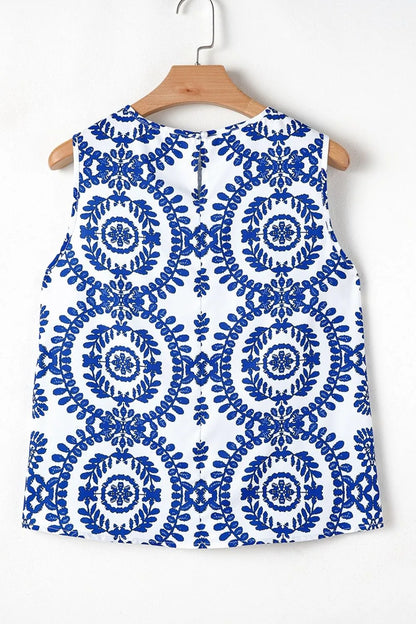 Printed Crew Neck Sleeveless Top -
