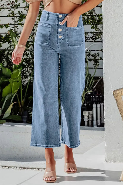Button Fly Cropped Wide Leg Jeans - Light Blue