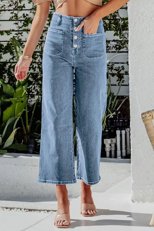 Button Fly Cropped Wide Leg Jeans - Light Blue