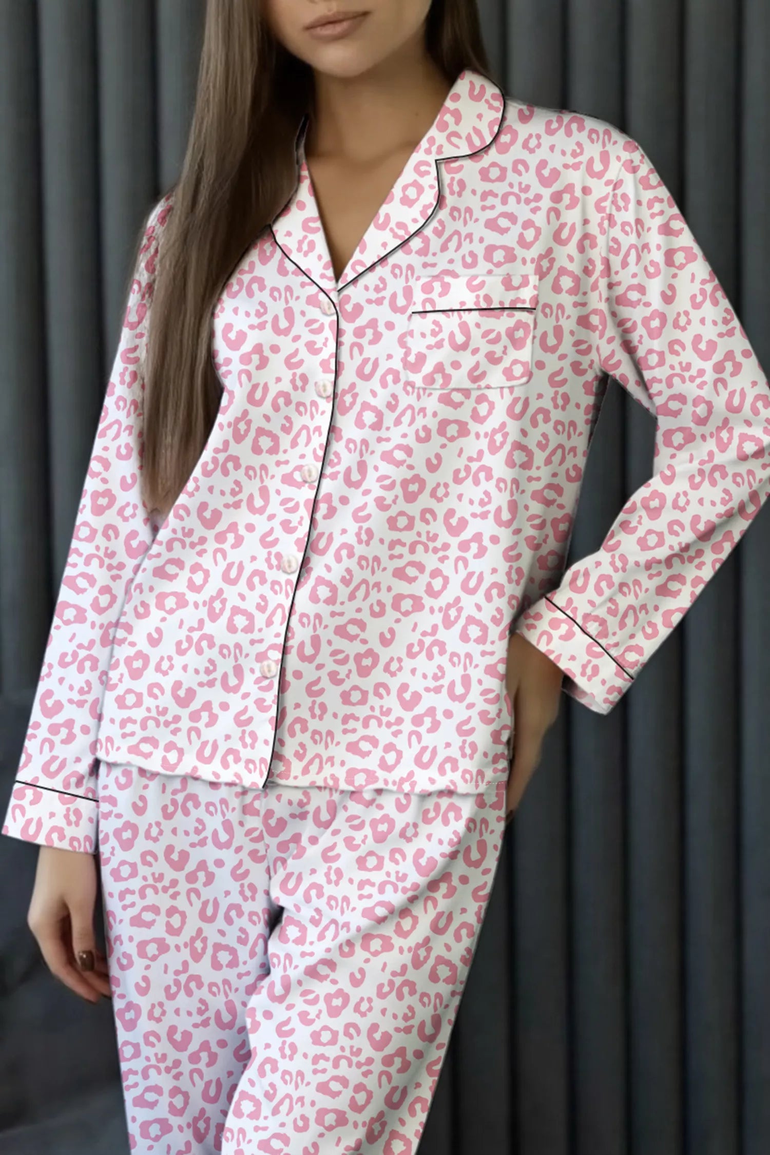Leopard Print Button Up Top and Pants Pajama Set -